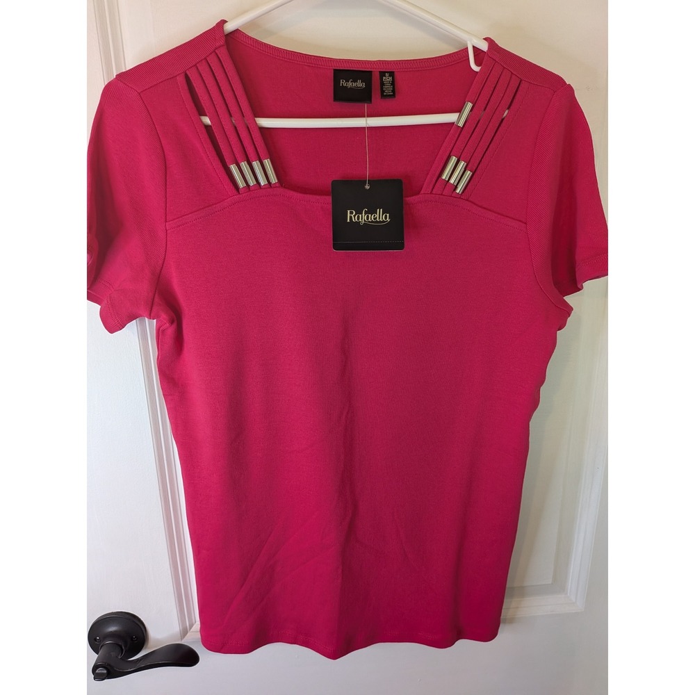 Rafaella Womens Fuchsia Pink Cotton Knit Top Strappy Square Neck Silver S NWT
